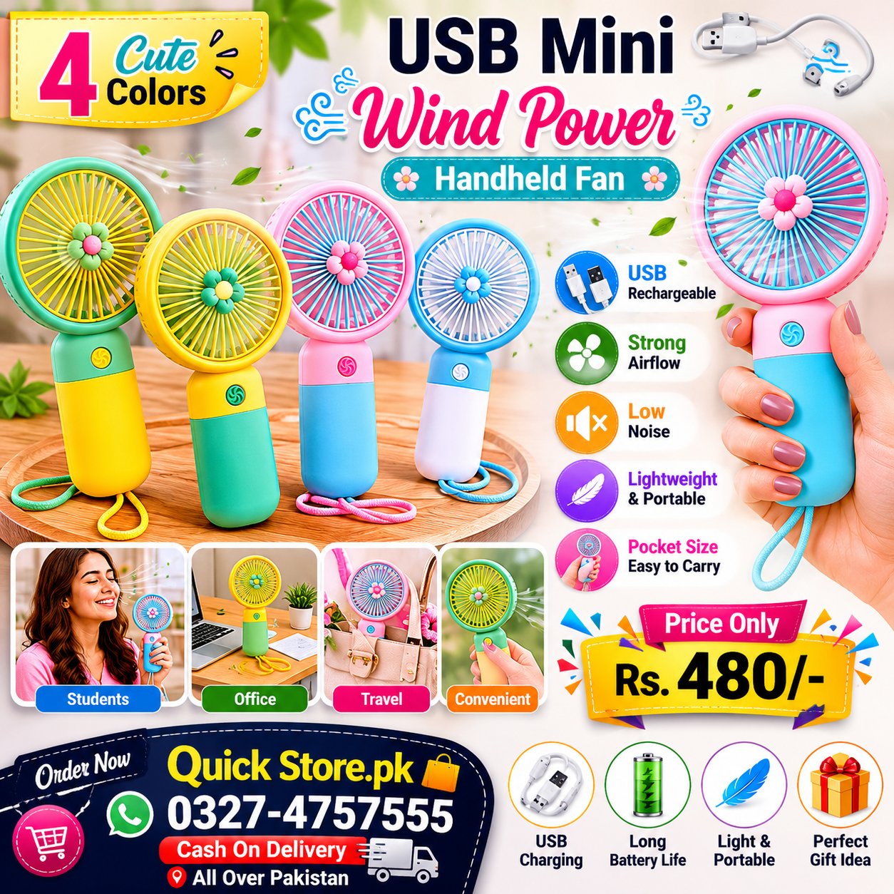 🌬️✨ USB Mini Wind Power Handheld Fan ✨🌬️
