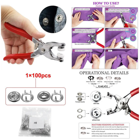 Heavy-Duty Snap Button Press Tool Kit with FREE 💯 Metal Ring Fasteners for Sewing & Repairs